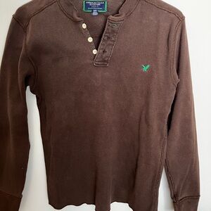 American Eagle Outfitters Men's Chocolate Long Sleeve Henley embroidered logo